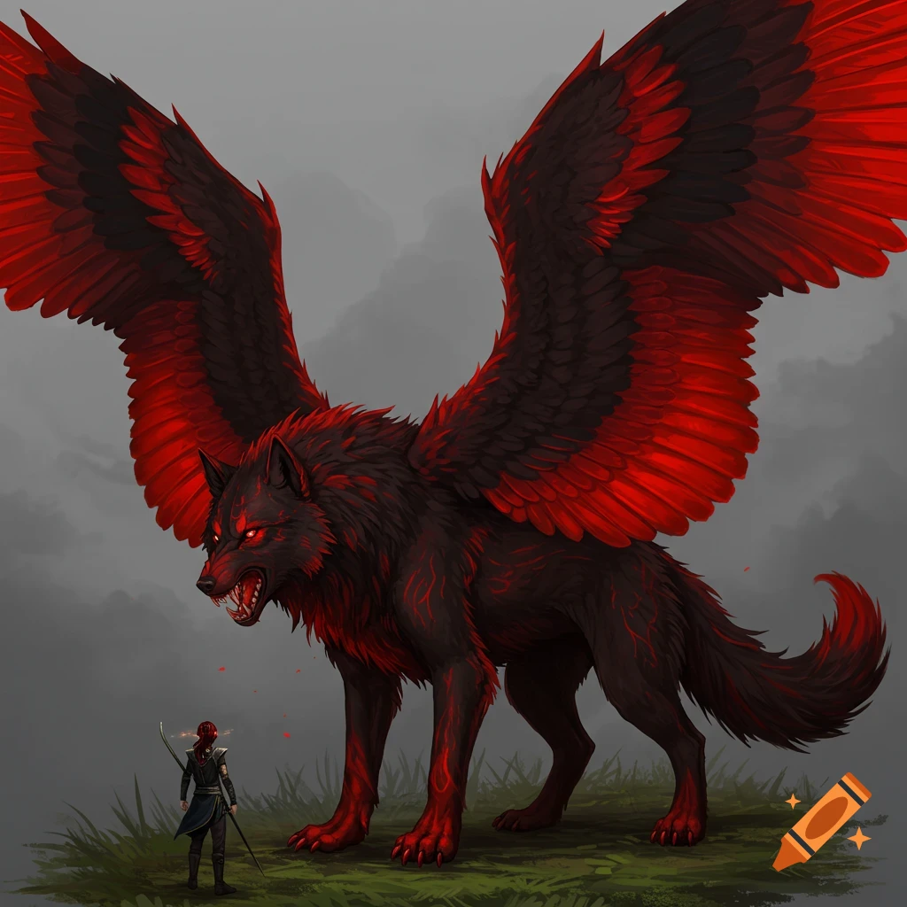 A giant black and red winged wolf towers over a person.
