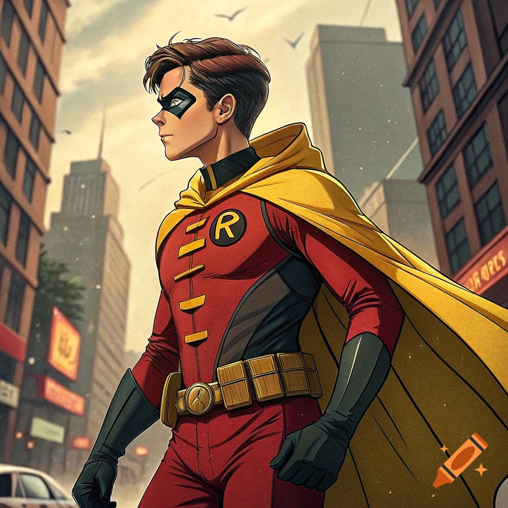 Comic book illustration of superhero Robin in a city.