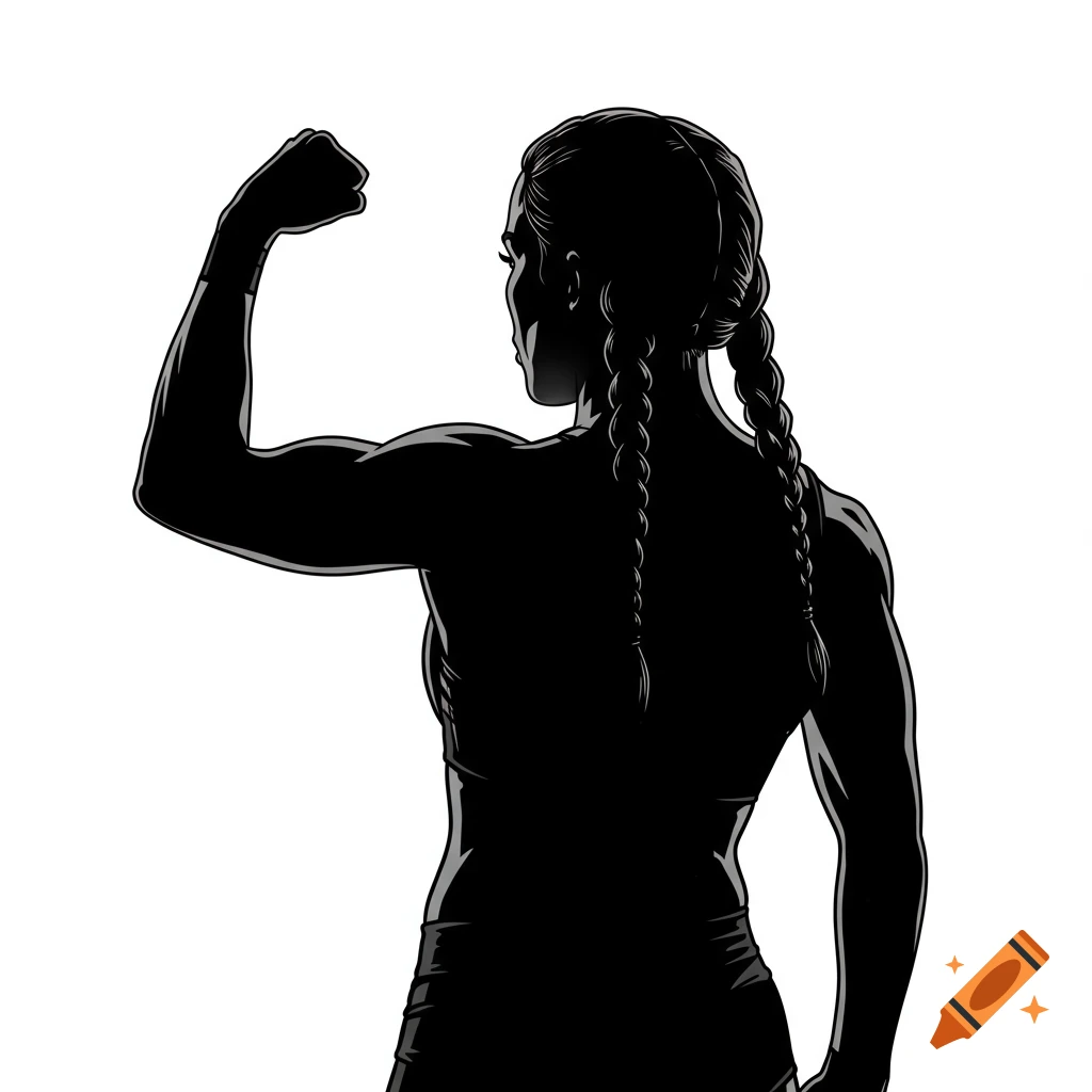 Black silhouette illustration of a female athlete flexing her bicep from behind, with braided hair.