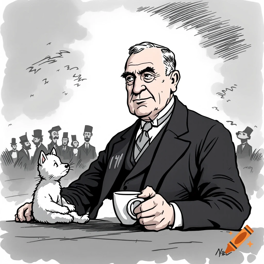 Political cartoon of a man in a suit holding a teacup, looking at a small white dog on a table.