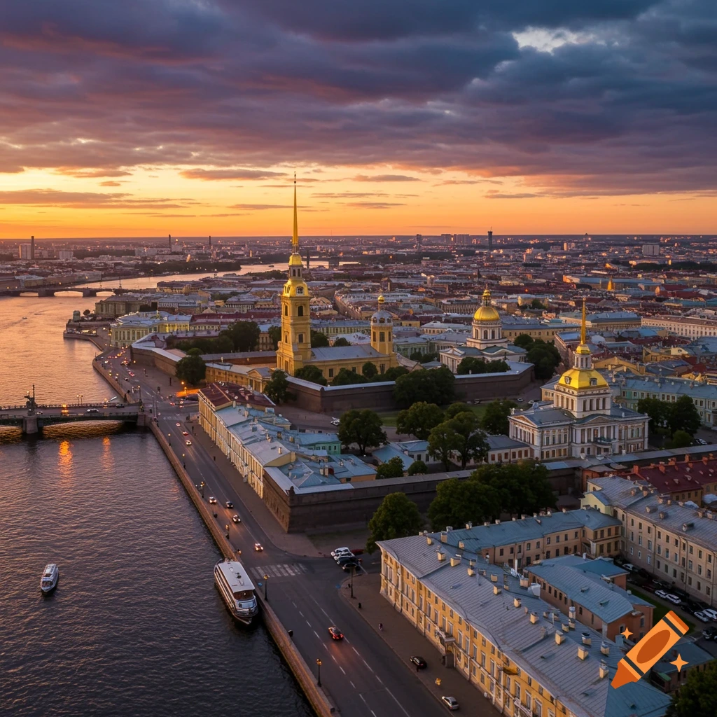 Aerial view of St. Petersburg skyline at sunset with historical buildings along a river.