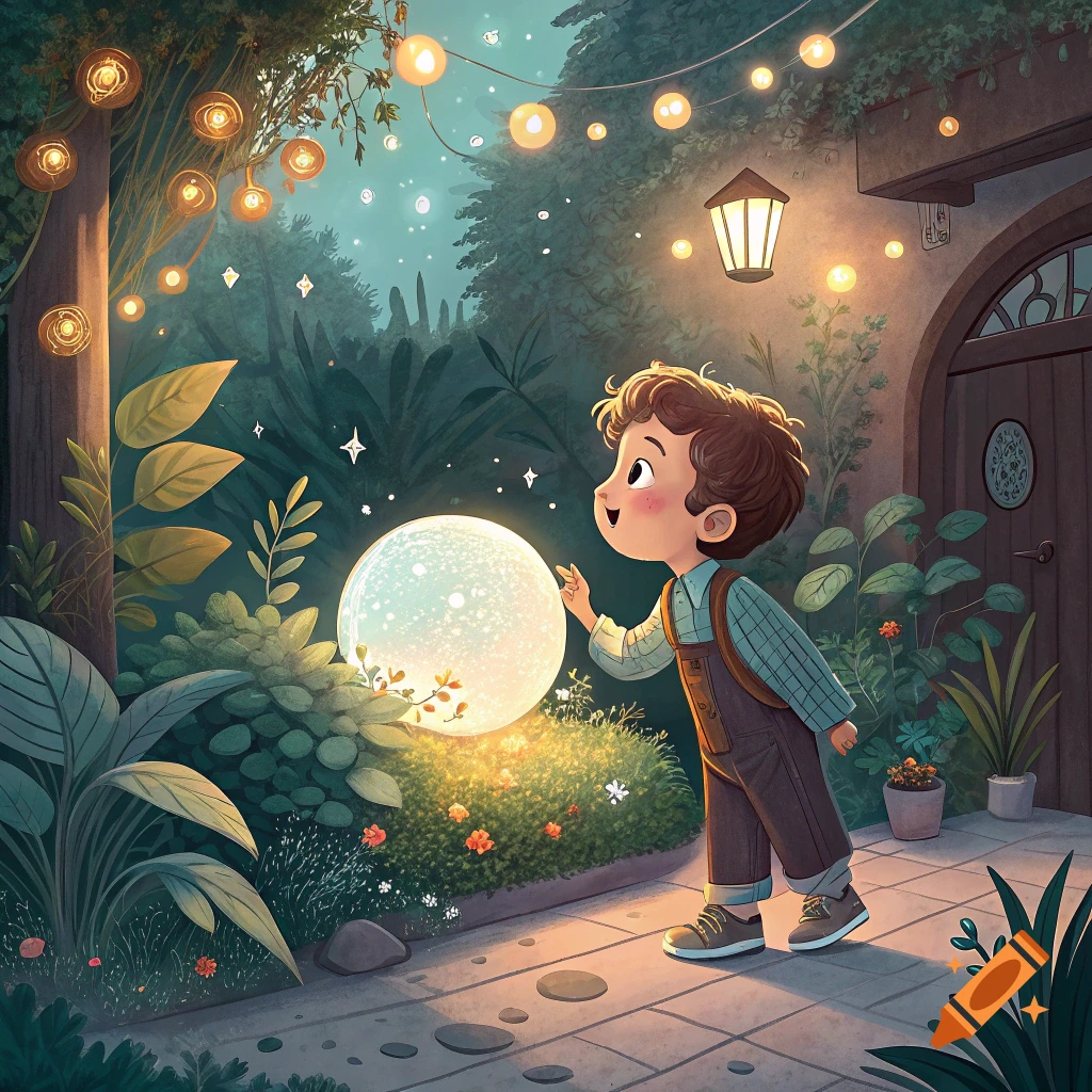 Illustration of a young boy looking in wonder at a glowing sphere in a magical garden at night.