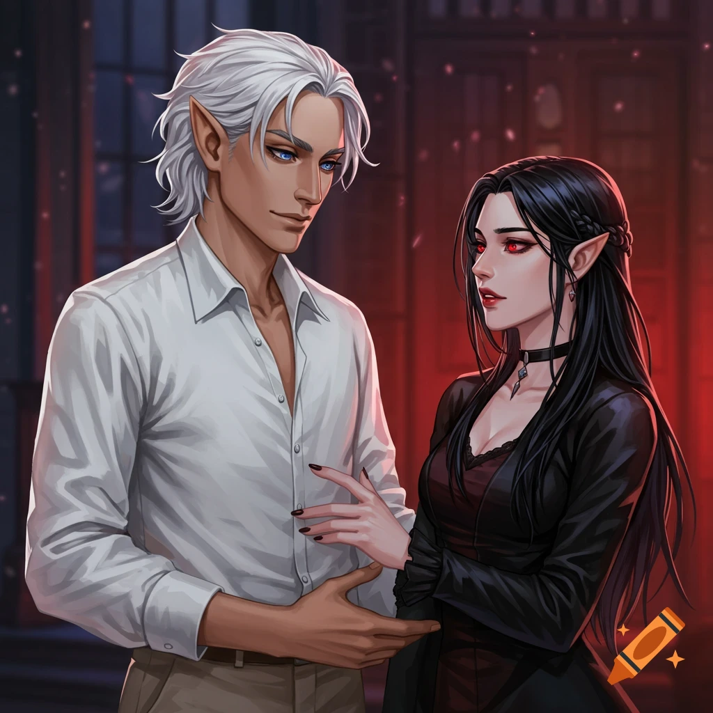 Illustration of a male elf and female vampire looking at each other in a dark room.
