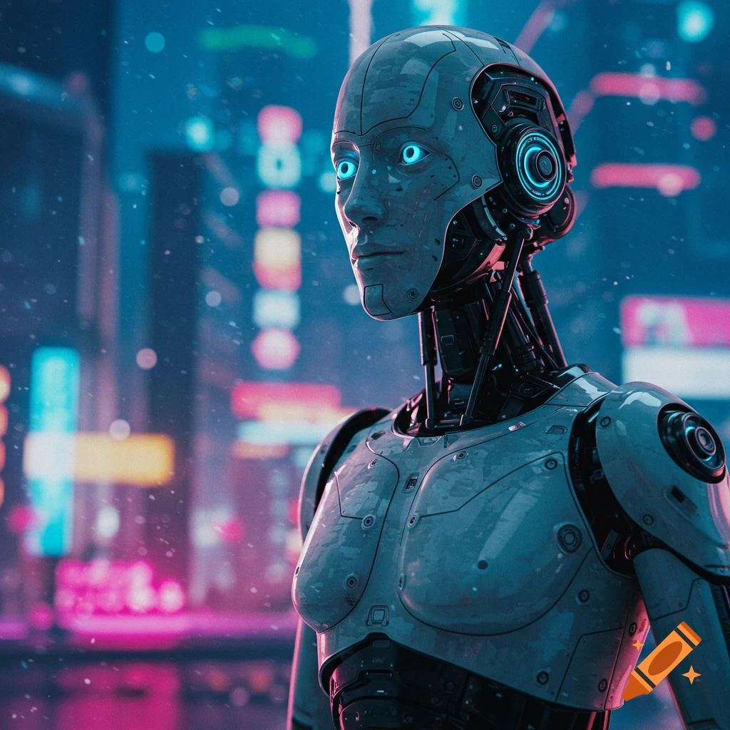 A detailed robot stands in a neon-lit futuristic city