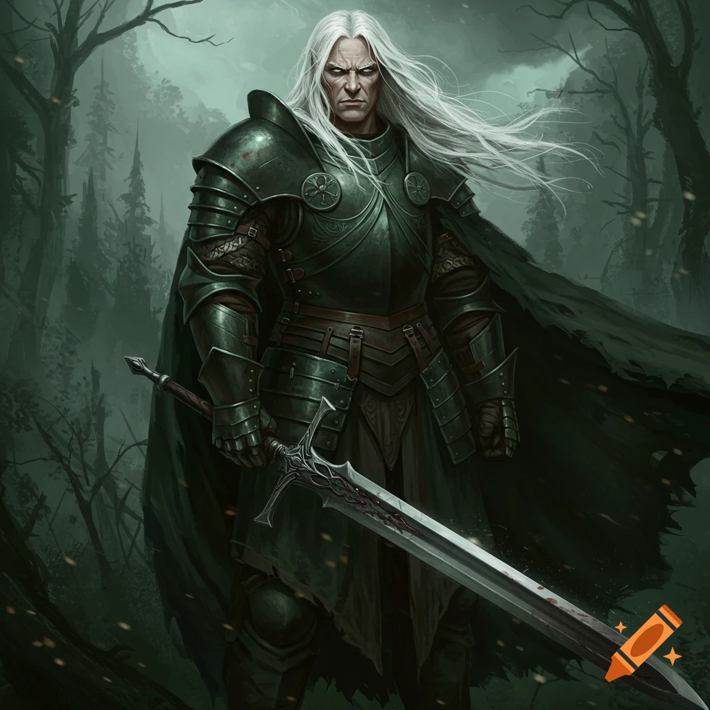 A white-haired fantasy warrior in dark armor holds a bloody sword in a forest.