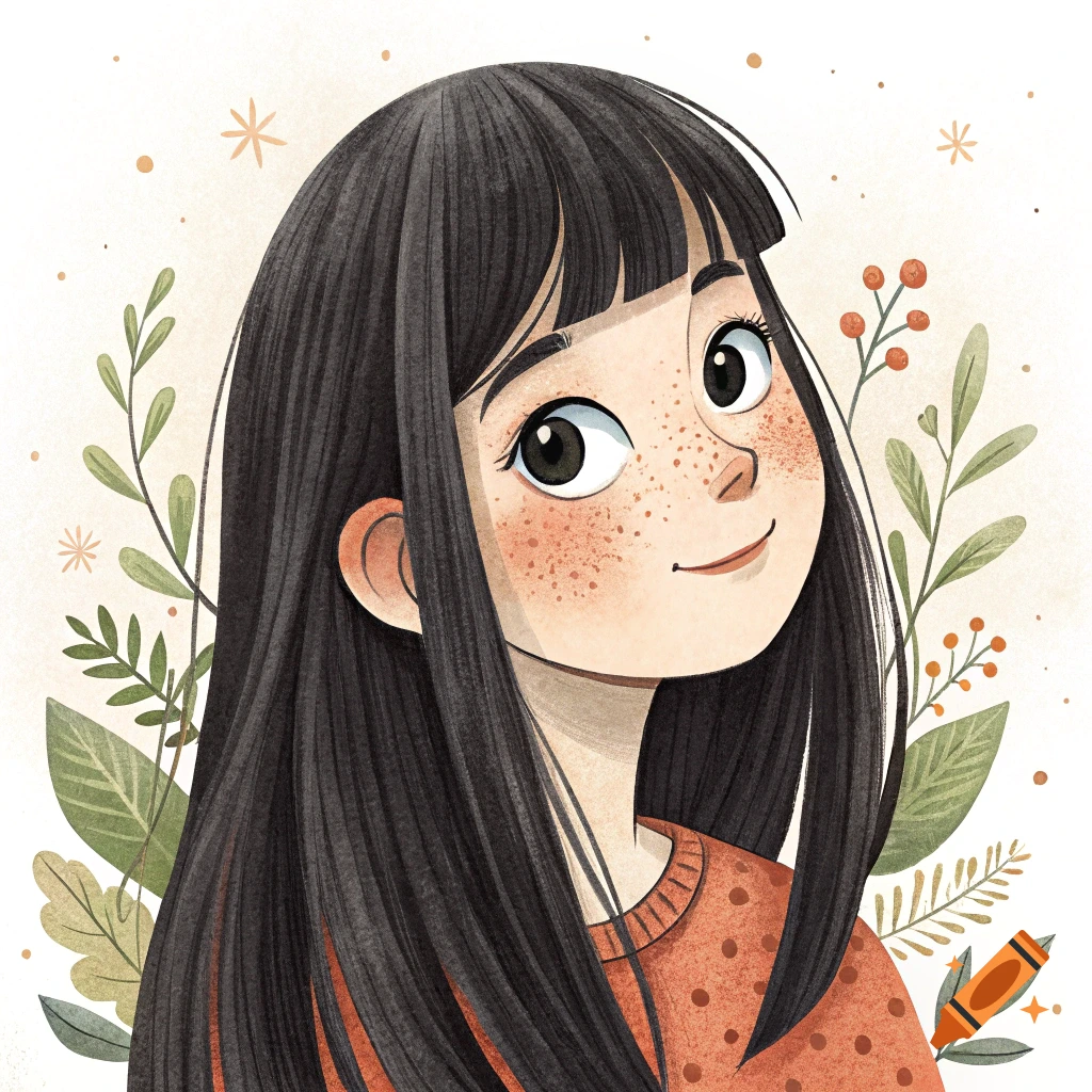 An illustration of a young girl with long black hair and freckles, surrounded by leaves and berries.
