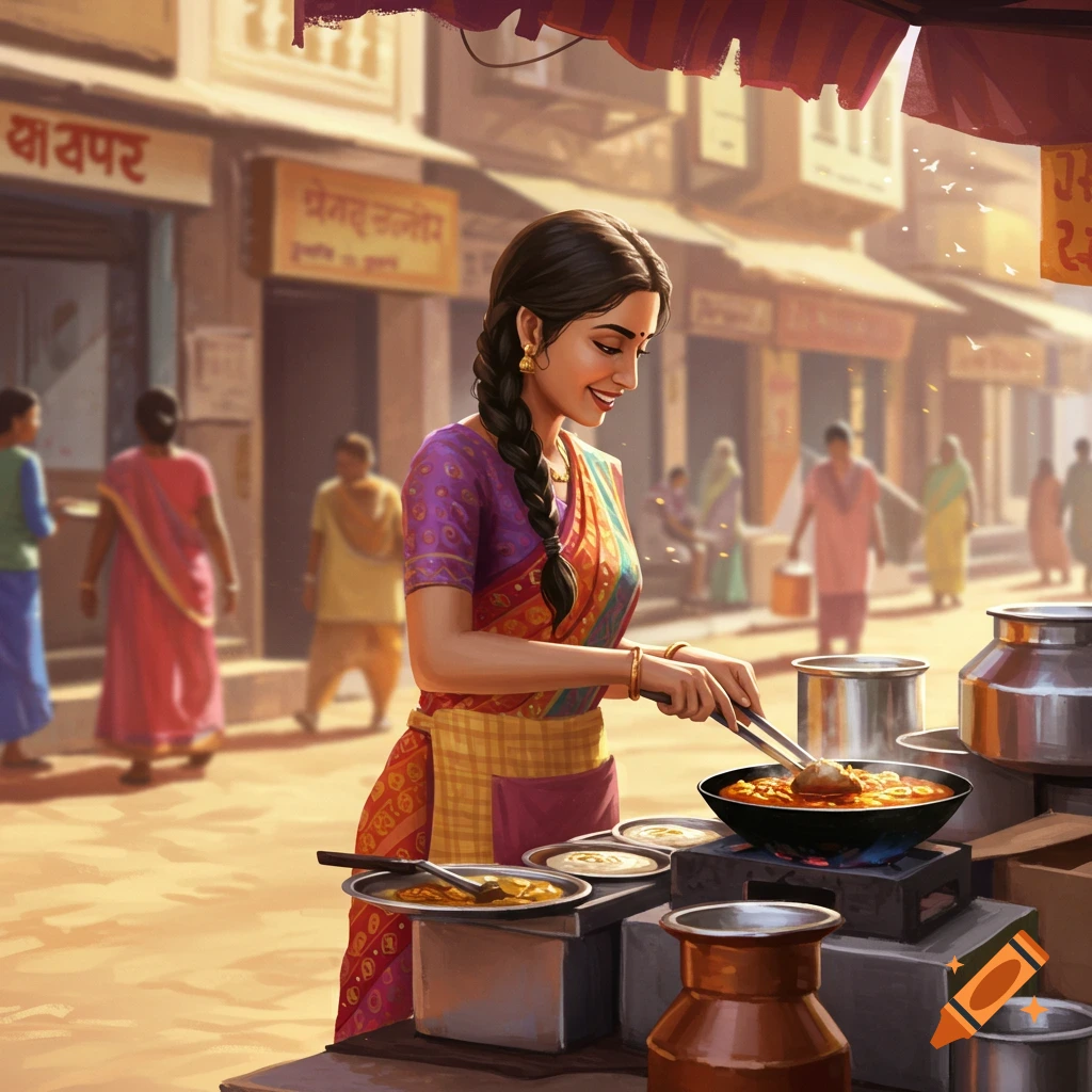 An Indian woman is cooking street food in a busy marketplace.