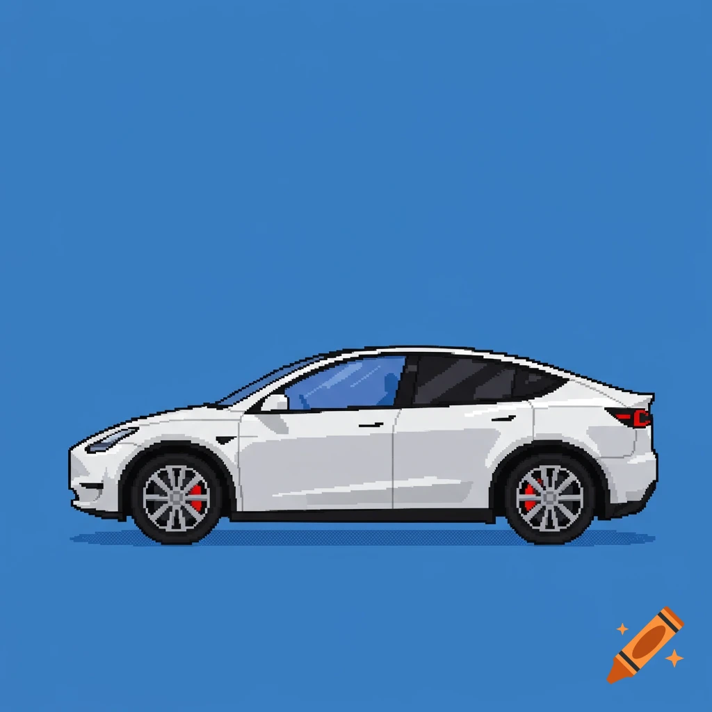 A pixel art illustration of a white Tesla Model Y car against a solid blue background.