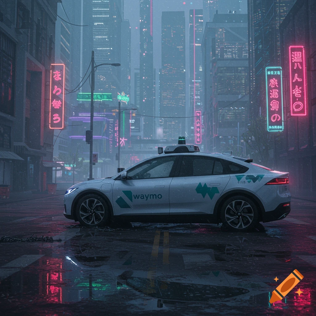 A white Waymo car on a rainy street in a futuristic cyberpunk city at night.