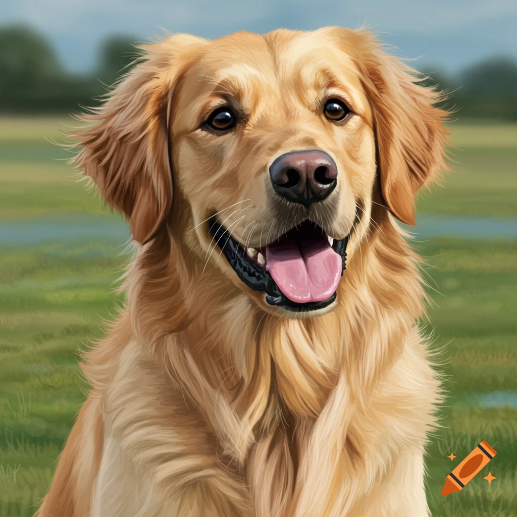 A smiling Golden Retriever dog sits in a field.