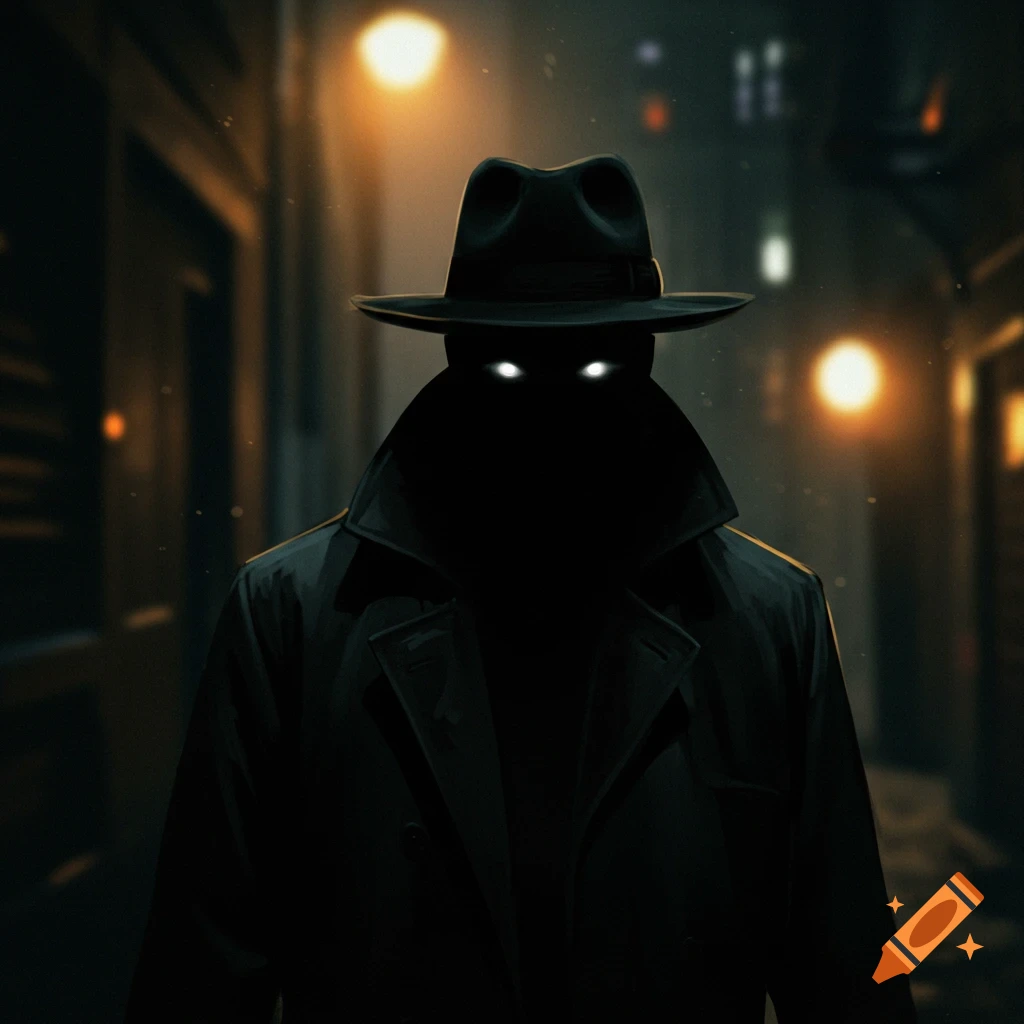 A shadowy figure in a fedora and trench coat with glowing eyes stands in a dark alley.