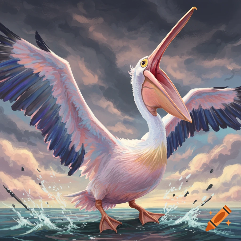 A pelican with wide wings and open beak is standing in water under a cloudy sky