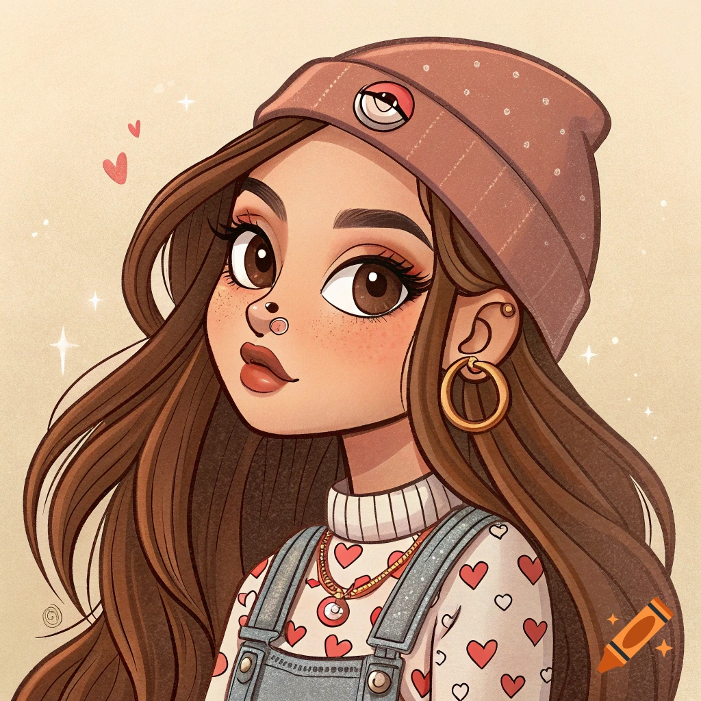 Cartoon portrait of a girl with a beanie, heart sweater, and overalls