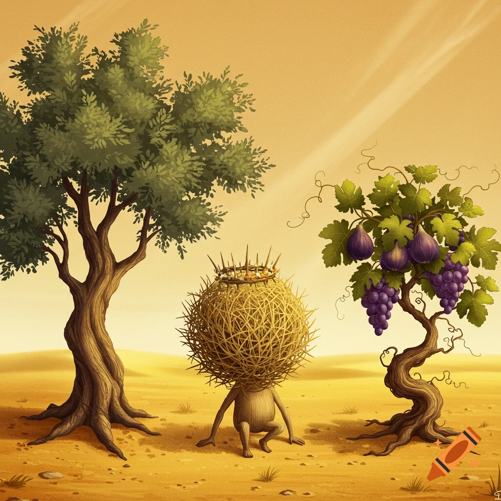 A tumbleweed with limbs and a crown is flanked by an olive tree and a fruit tree in a desert setting.