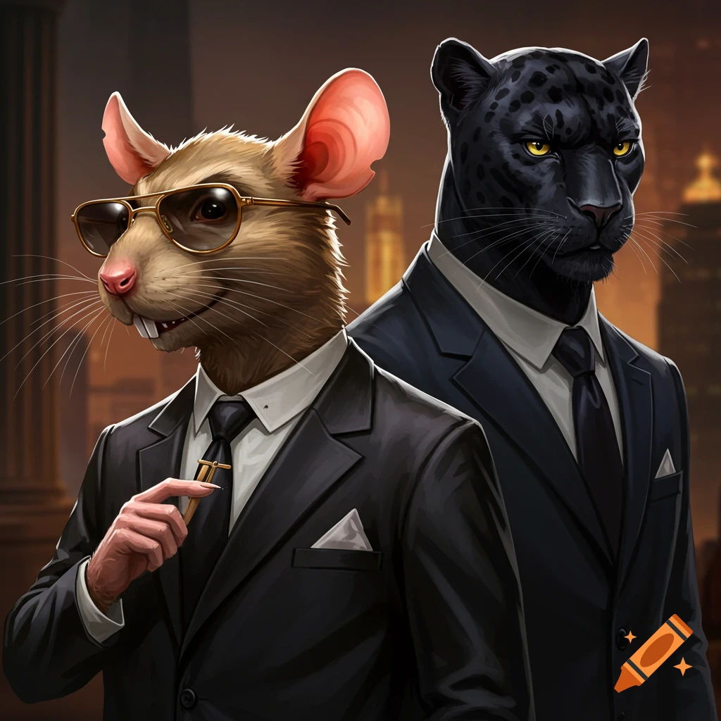 A rat in a suit and sunglasses standing next to a black panther in a suit.