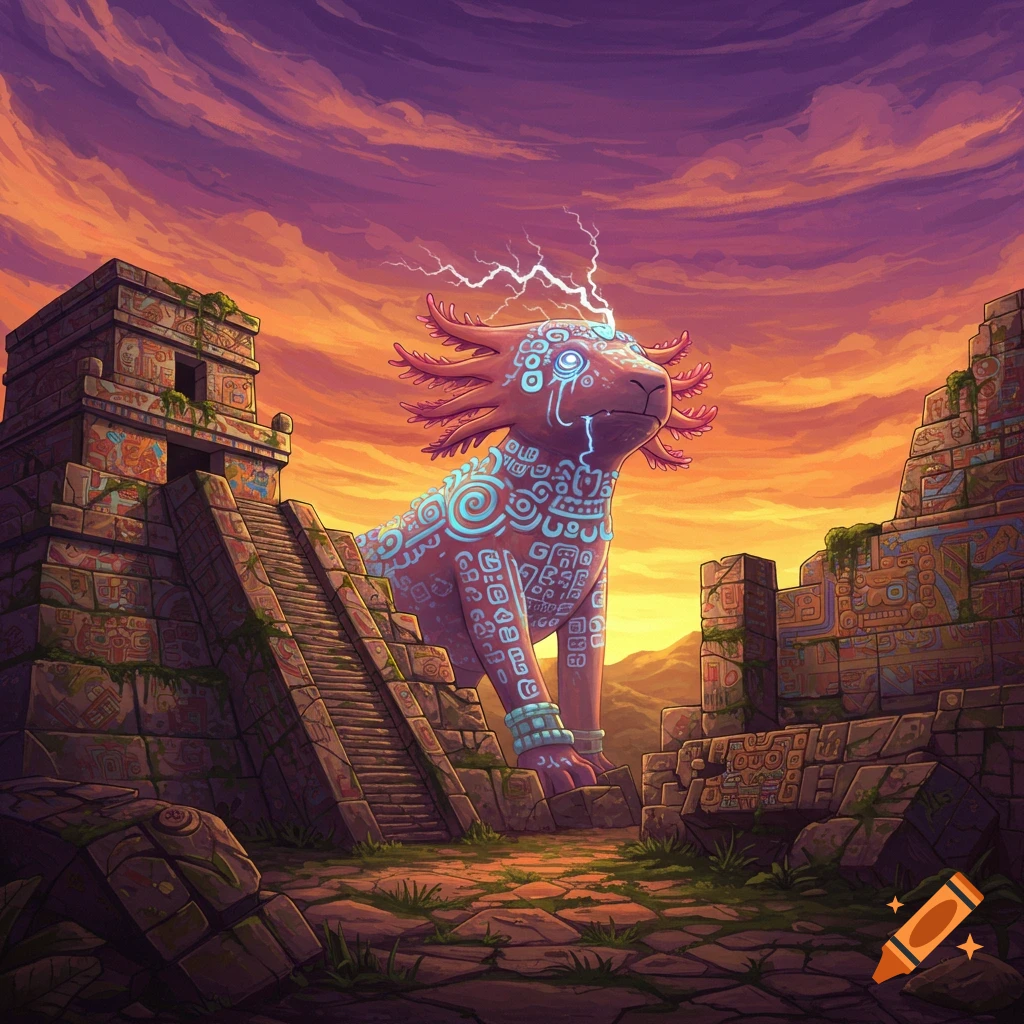 A mythical creature with glowing symbols, resembling an axolotl, stands near ancient Aztec ruins under a dramatic sunset sky, with lightning striking its head.