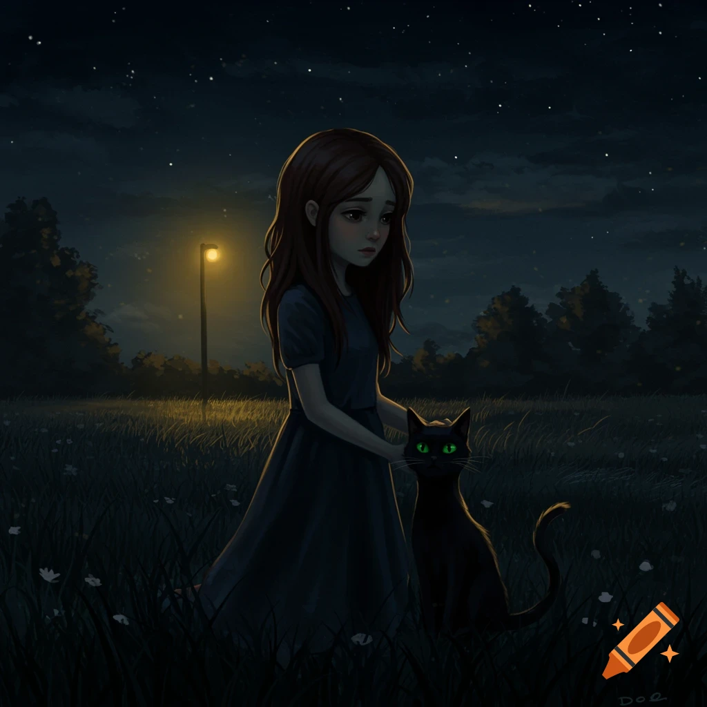 A girl is petting a black cat in a moonlit field at night, with a street lamp in the background.