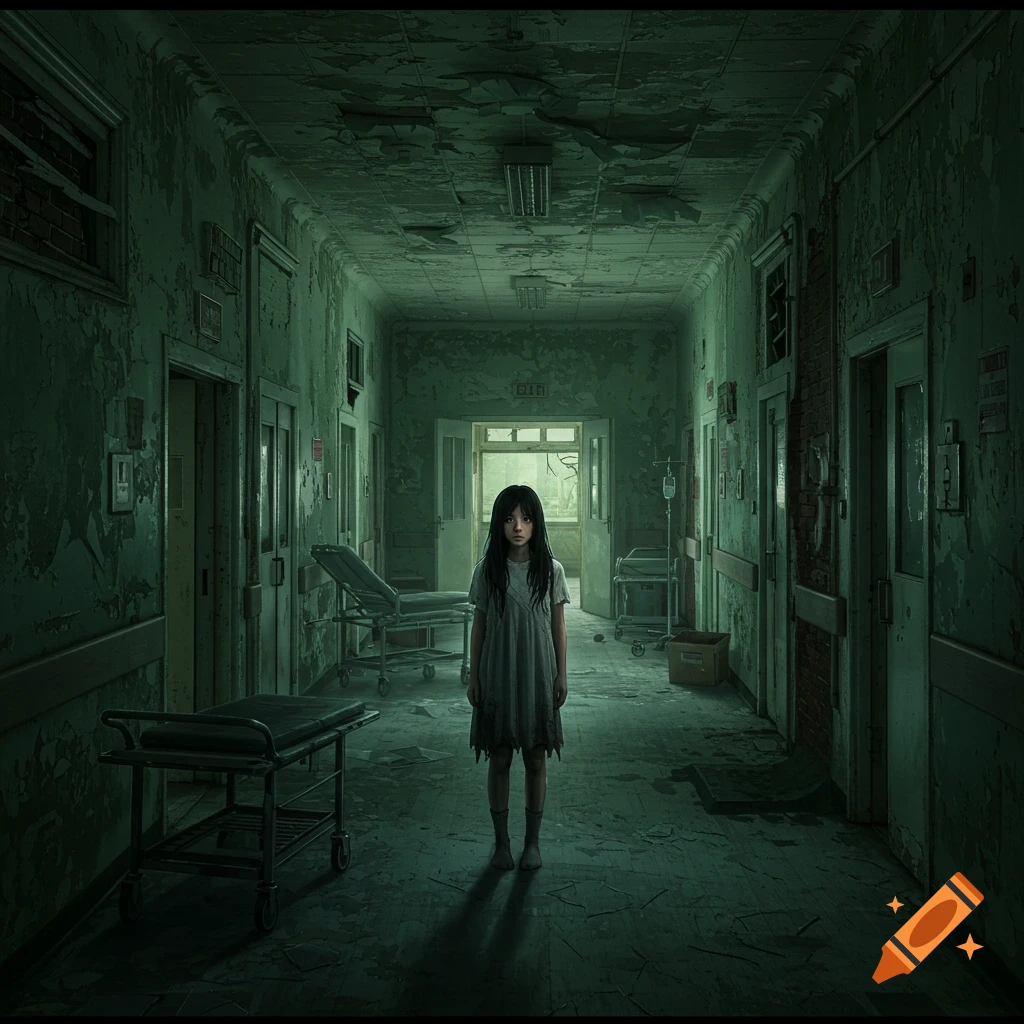 A young girl stands alone in a dark, abandoned hospital hallway.