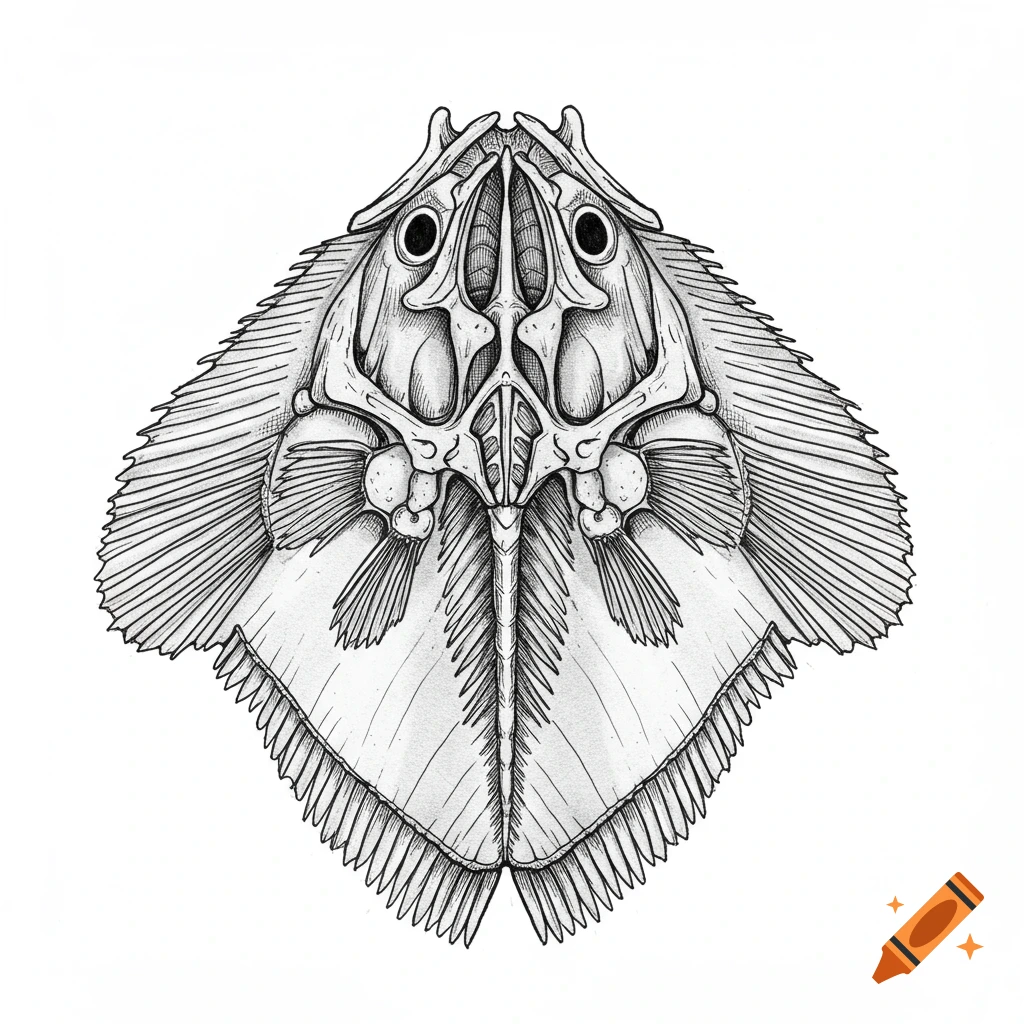 A black and white line drawing of a fish skeleton.