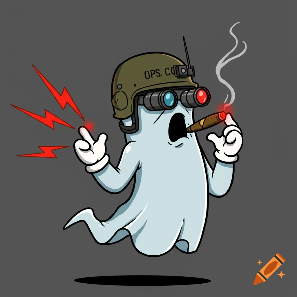 A 1930s-style cartoon ghost in a tactical helmet and goggles, smoking a cigar, and firing lightning bolts.
