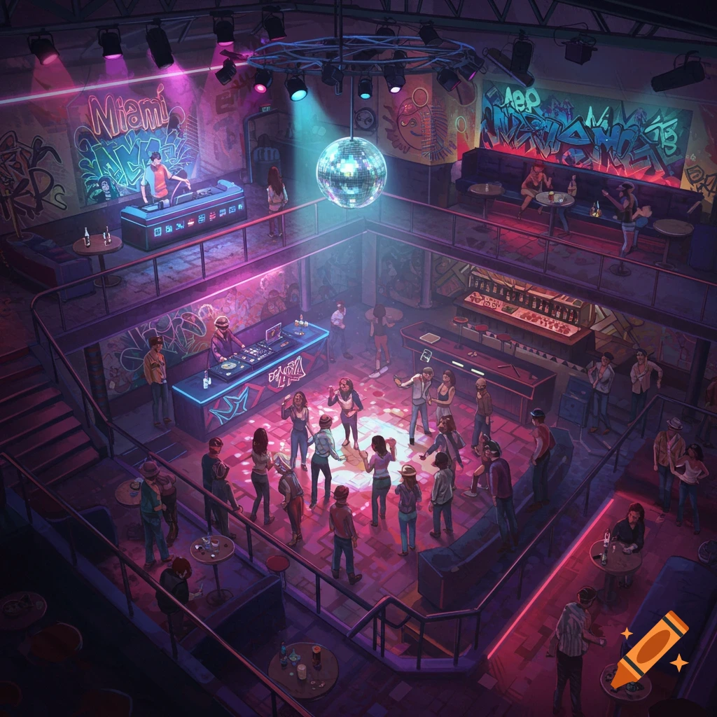 Overhead view of a bustling two-story 80s underground nightclub with people dancing and socializing under pink and blue lights and a disco ball.