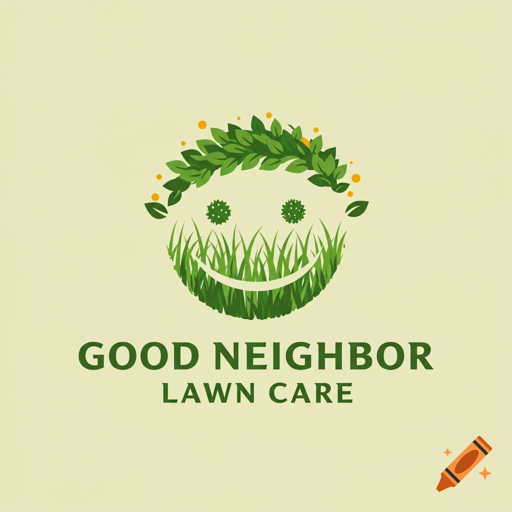Lawn care company logo with a face made of grass and leaves, and the text 'GOOD NEIGHBOR LAWN CARE'