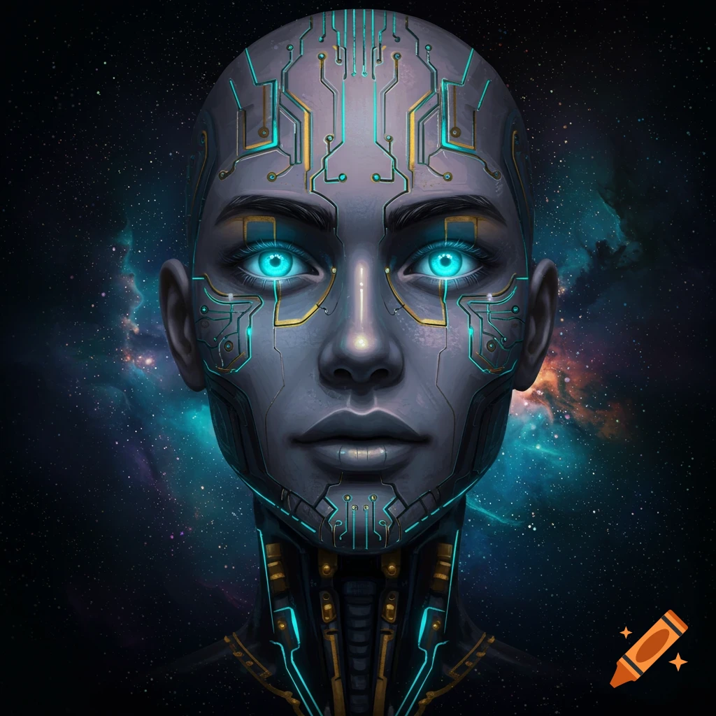 A futuristic cyborg face with glowing blue eyes and visible circuitry is depicted against a backdrop of space.