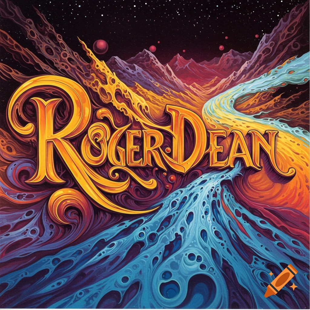 A vibrant fantasy landscape with mountains, a river, and golden text ROGER DEAN.