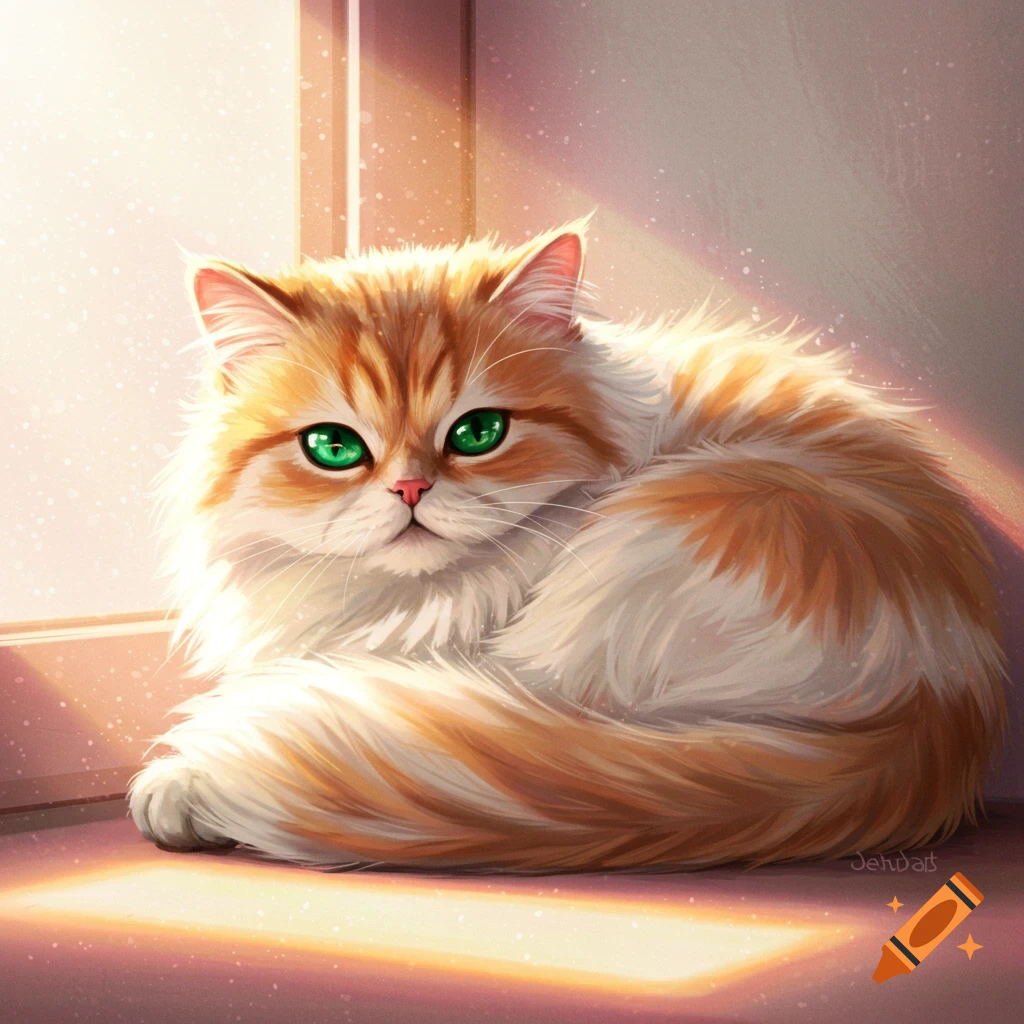 Illustration of a fluffy orange and white cat curled up sleeping in ...