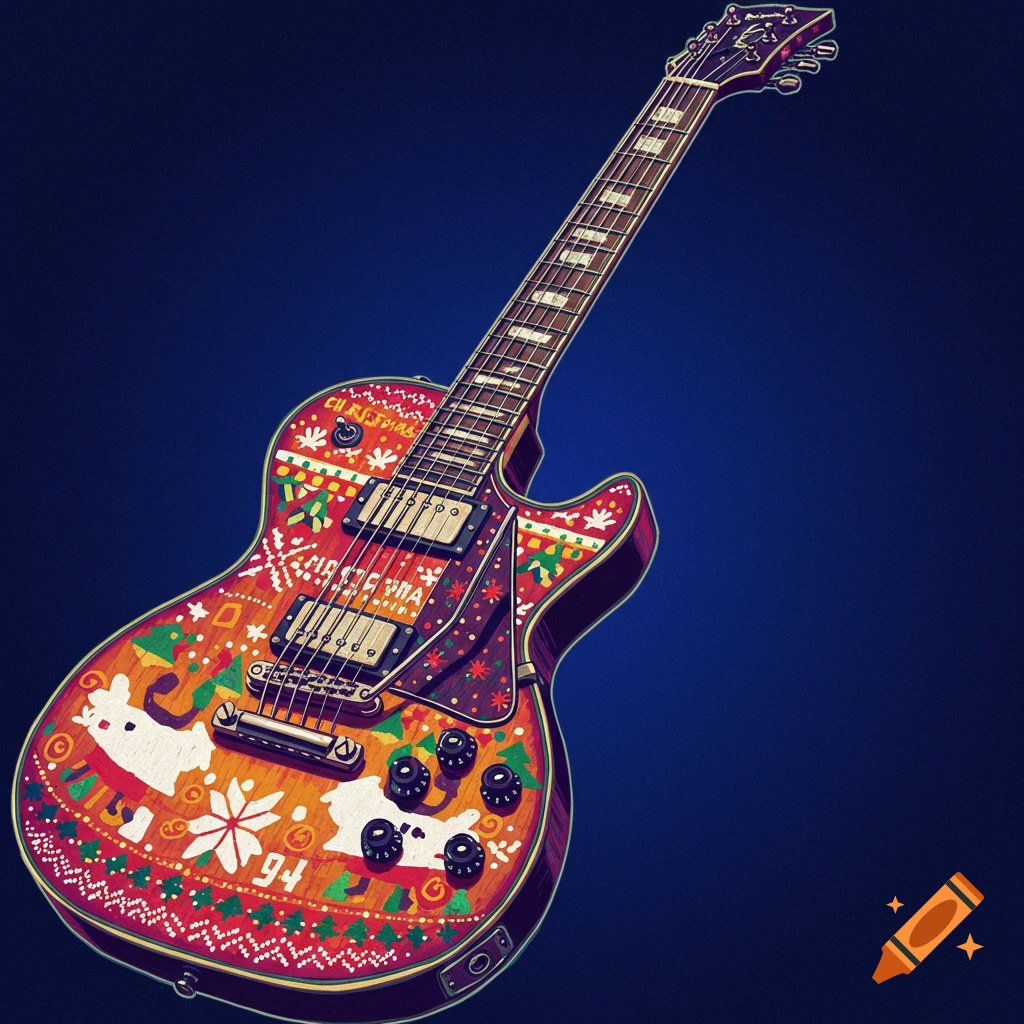 A guitar decorated with a Christmas pattern.