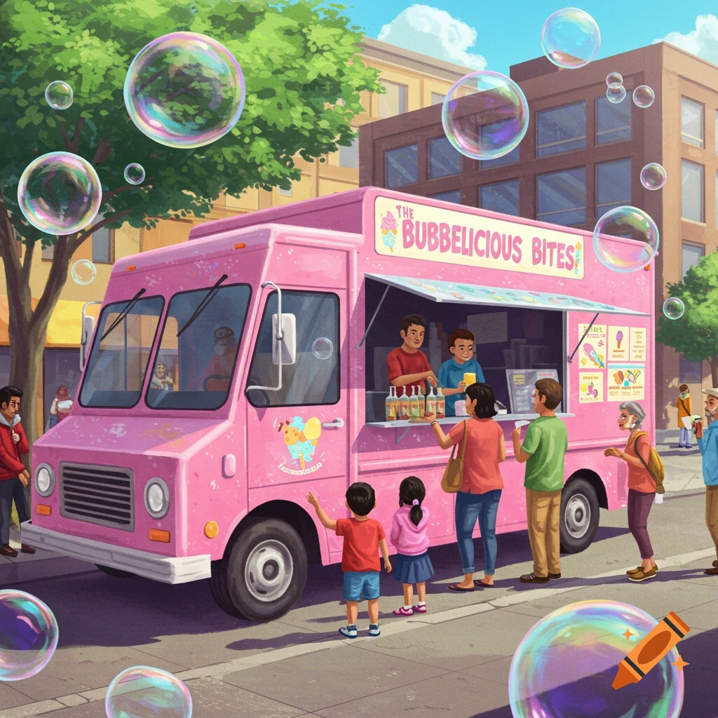 A pink food truck named Bubbelicious Bites is parked on a street, with people buying from it and bubbles floating around.