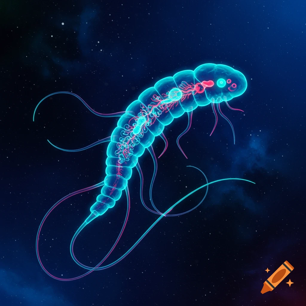 Stylized glowing transparent segmented creature with tentacles floating in dark space