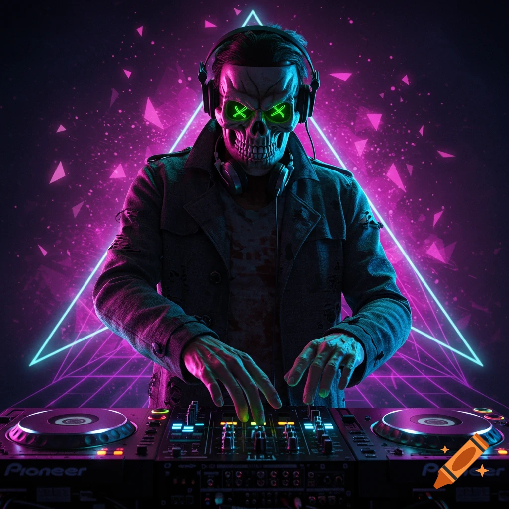 Masked undead DJ with skull mask and neon background