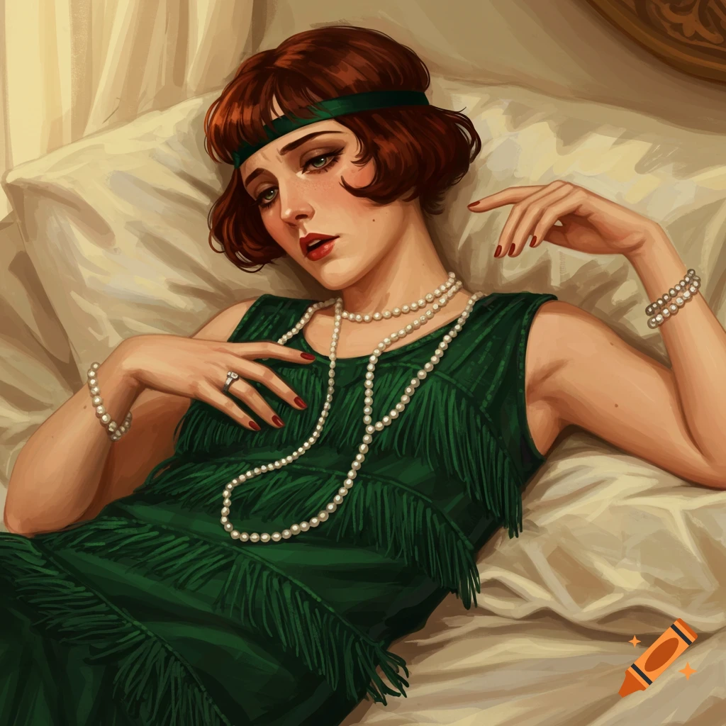 Woman in green flapper dress and pearls, lying on a bed.