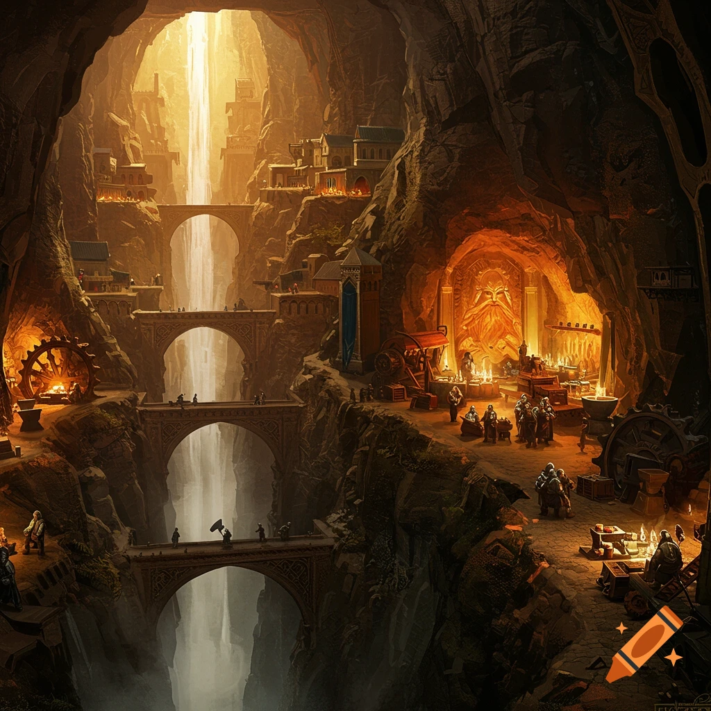 A multi-level fantasy city built inside a large cave with waterfalls and bridges, lit by glowing forges.