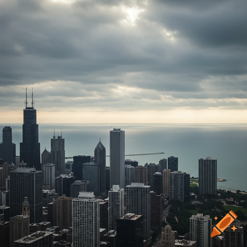 Photorealistic cityscape of Chicago skyline and Lake Michigan under cloudy sky