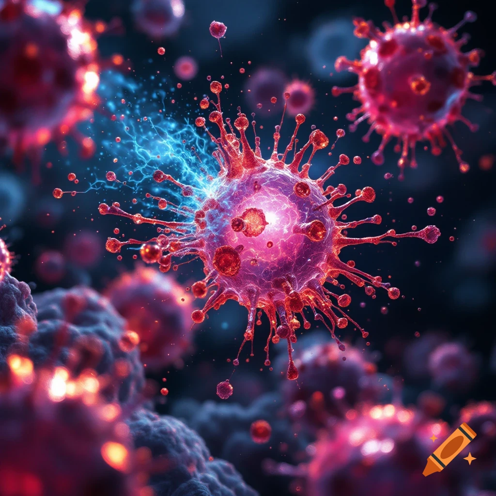 Close-up of stylized red and purple virus-like cells with glowing cores and blue tendrils against a dark background.