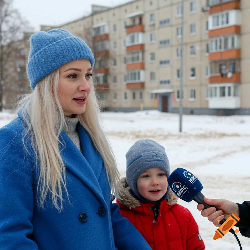 Photojournalistic shot of a woman and child being interviewed in the snow outside an apartment building.