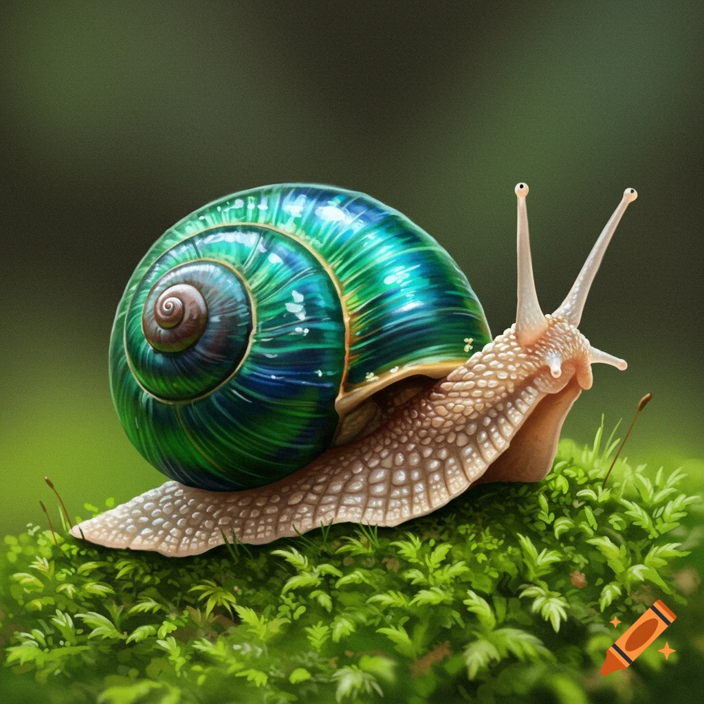 A close-up of a snail with a shiny blue and green shell sitting on bright green moss.