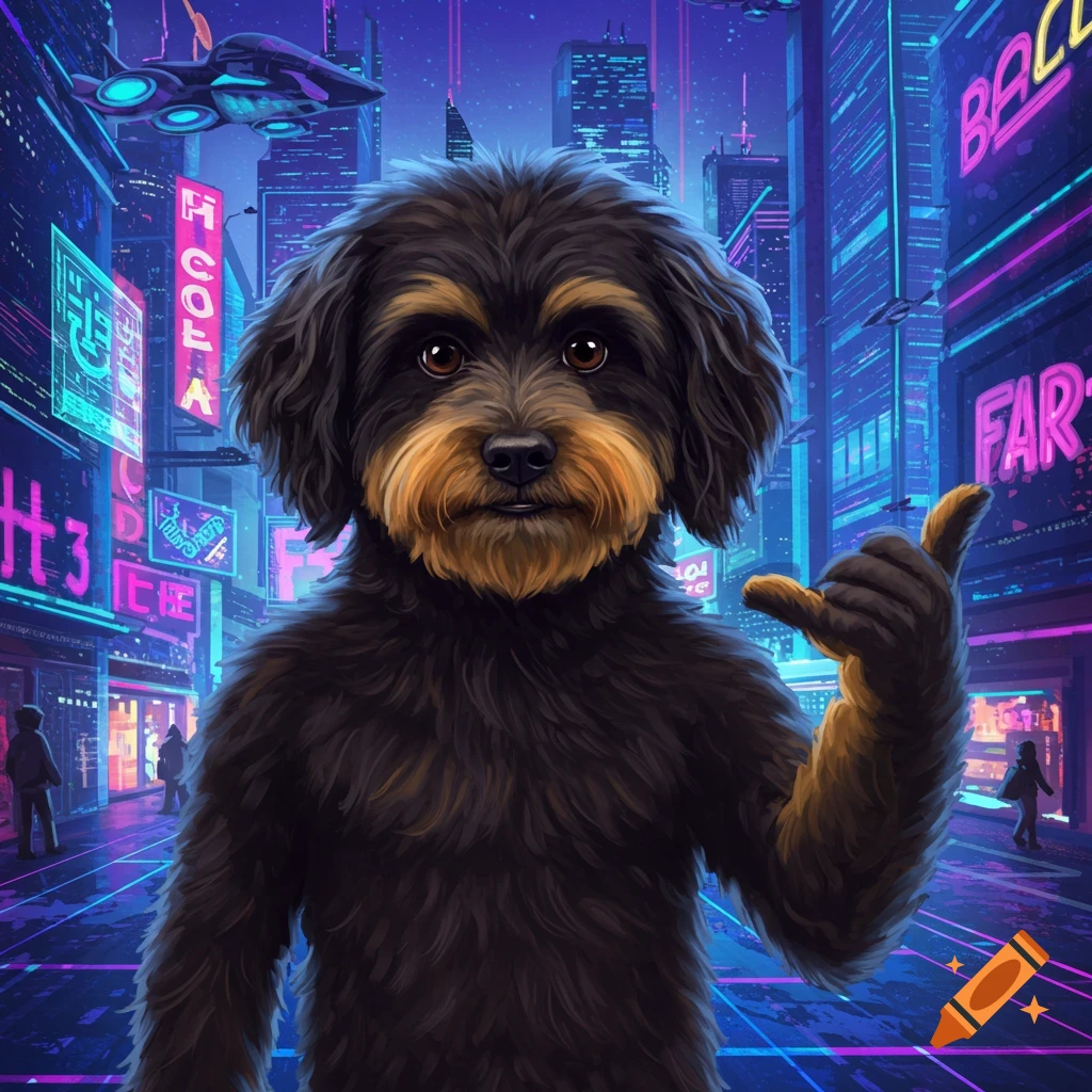 A black and tan dog in a futuristic city gives a hang loose sign.