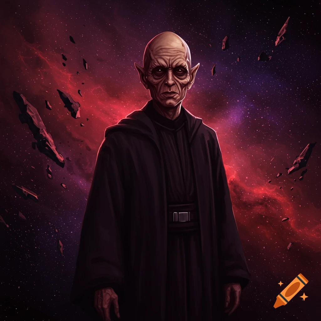A pale, old figure with red eyes and pointed ears wears a black hooded cloak against a background of a red nebula, stars, and asteroids.