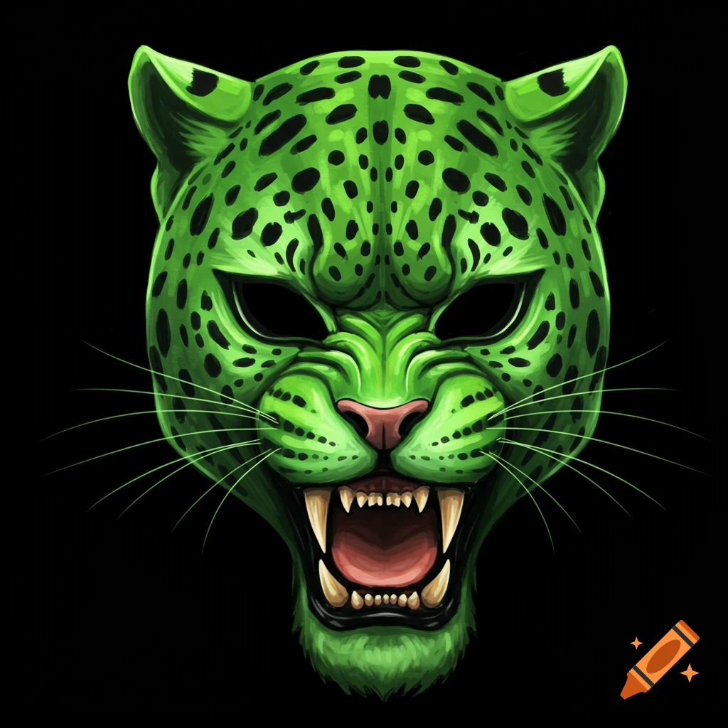 A green leopard mask with black spots on a black background.