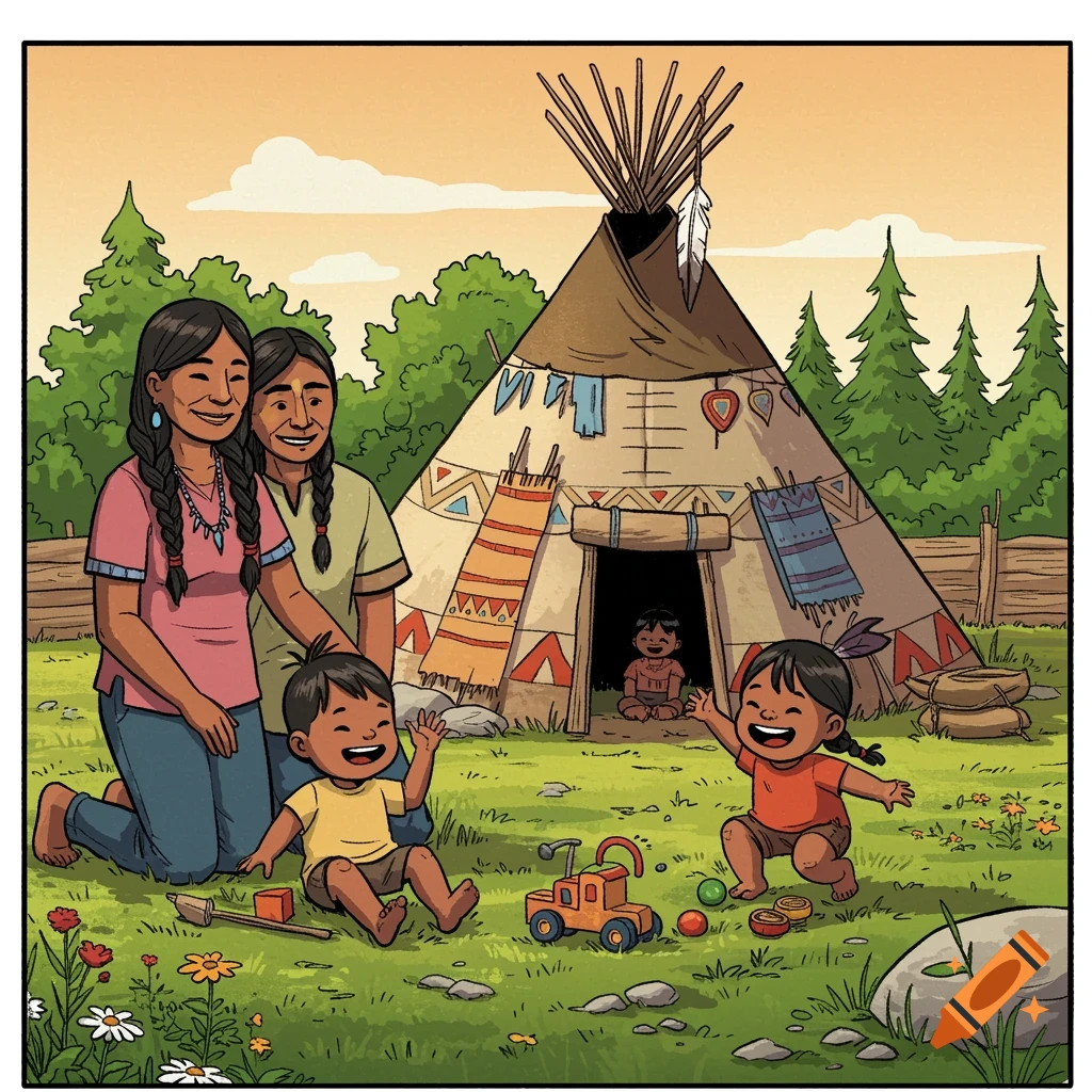A comic book illustration of an Indigenous family, parents and children, playing outside a tipi.