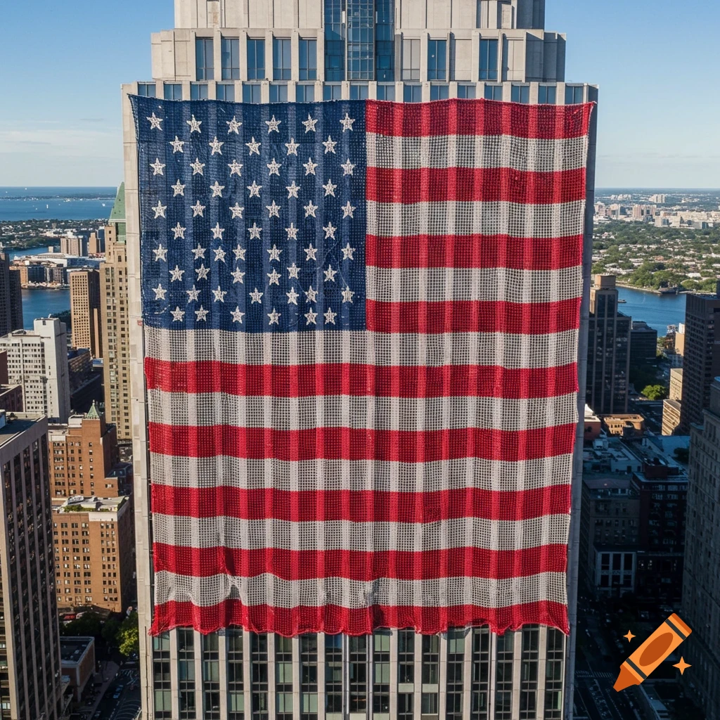 A large American flag banner made of netting hangs on the side of a tall skyscraper in a city.