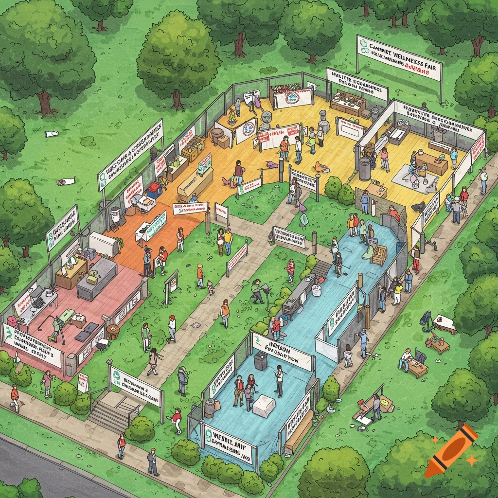 Top-down illustration of a community wellness fair floorplan in a park.