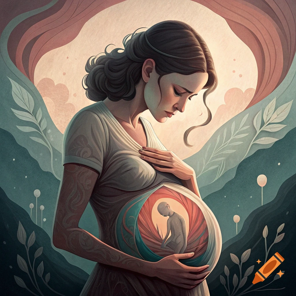 Artistic illustration of a pregnant woman looking at the stylized fetus in her belly.