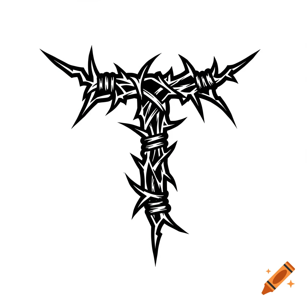 Black and white tribal vector logo of a letter T formed from barbed wire.