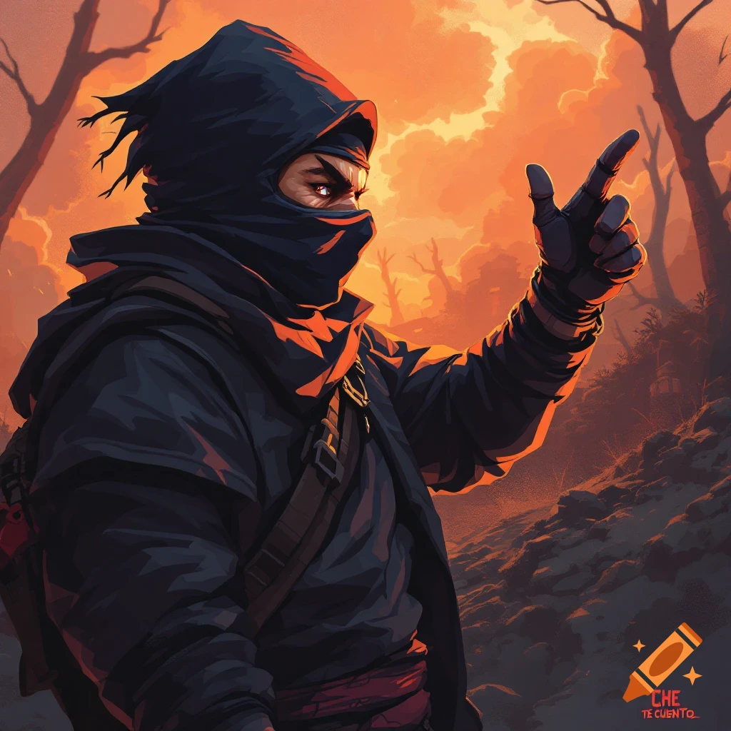 A ninja in a hood points upward in a forest at sunset, digital art.