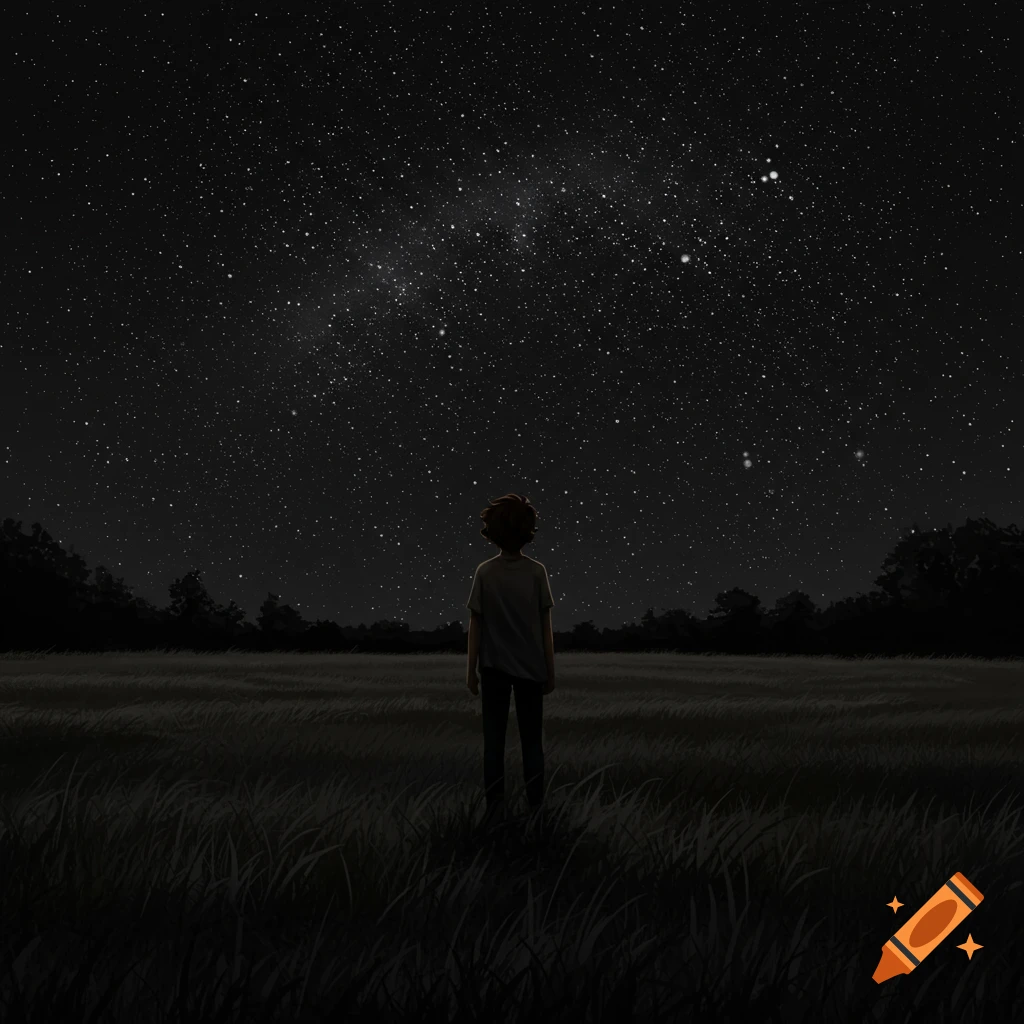 A person stands in a field, gazing at a starry night sky.
