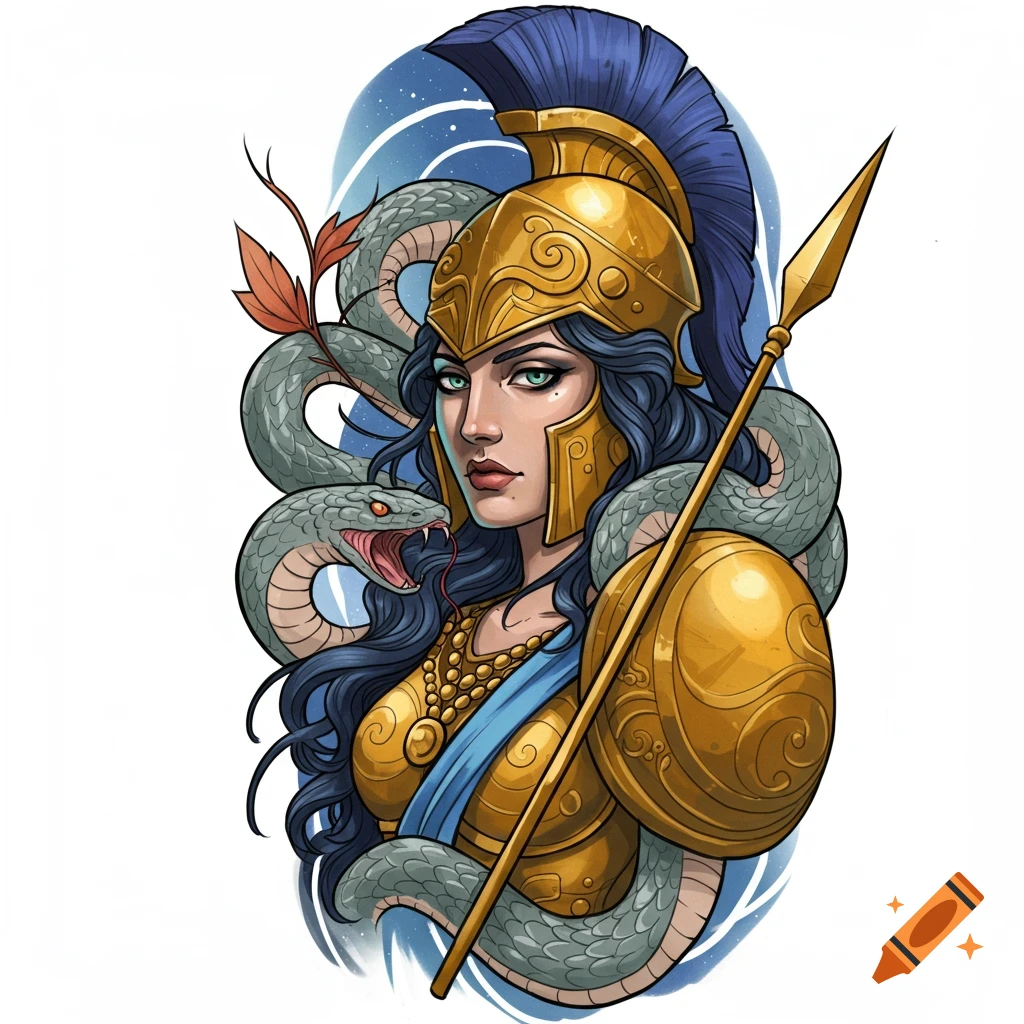 Athena is depicted with a spear, shield, and a large snake behind her, in a tattoo art style